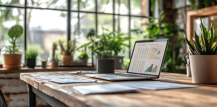 A laptop computer open to a spreadsheet with a graph on a wooden table, next to a plant, and a cup, in a modern office setting. - Powered by Adobe
