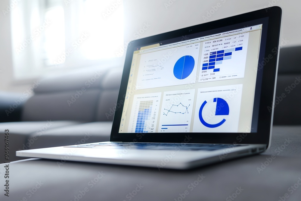 Poster a laptop screen displays various charts and graphs, showing data analysis.