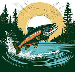 salmon jumping fishing river hand drawn vector illustration