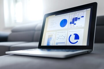 A laptop screen displays various charts and graphs, showing data analysis.