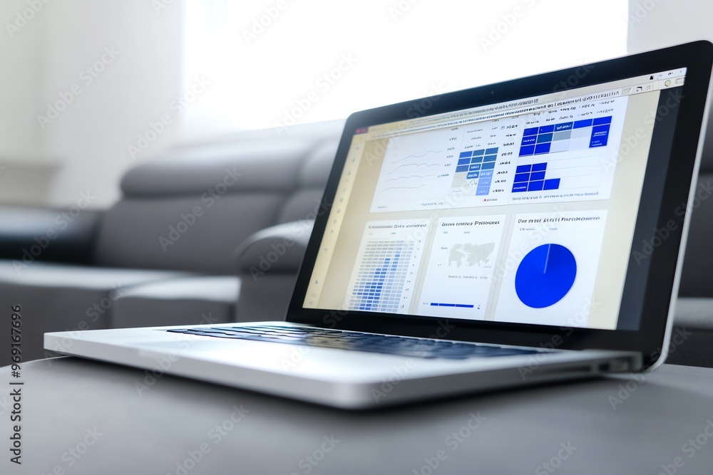 Poster a laptop with graphs and charts on the screen is open on a white table.