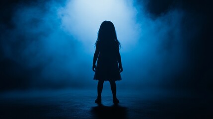 There is a silhouette of a little girl emerging from a smoke-filled luminous room. The concept of children's fears and mysticism is present.