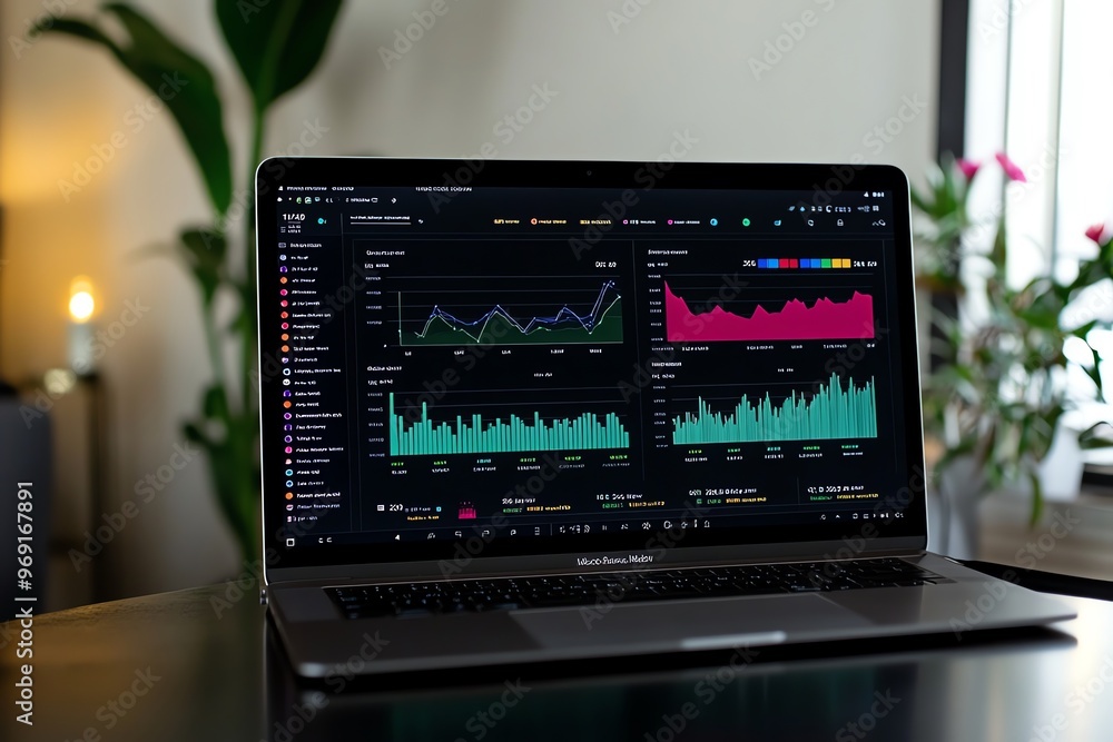Aufkleber a laptop with a dark theme showing a financial graph and charts on the screen is on a table.