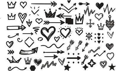 Line shape marker underline, arrow, heart brush element set. Hand drawn sketch marker underline shape, arrow, heart scribble brush pen stroke element. Crown, love graphic icon. Vector illustration