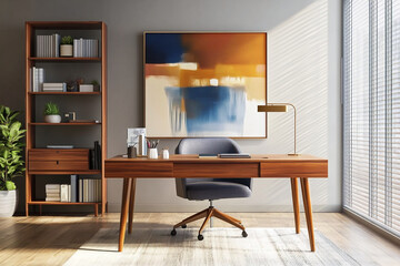 Fototapeta premium Mid century Interior Home Office with white walls and art flares and wooden desks and chairs. Generative AI 