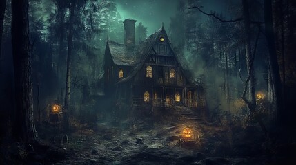 Creepy haunted house in dark forest on a spooky halloween night with full moon and eerie atmosphere &ndash; perfect for scary themes, horror designs, and frightening halloween projects.