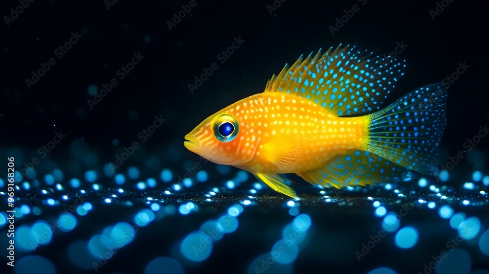 Poster glowing zebra soma scopas fish against dark with light pattern background image