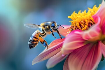 close up view of a bee approaching a vibrant flower.