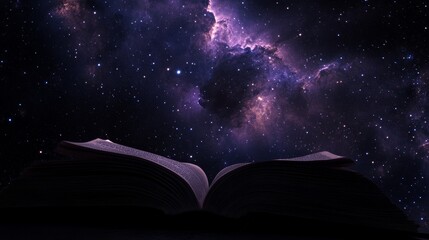 Naklejka premium Open old book with a magical galaxy sky full of stars merging with a horoscope and literature