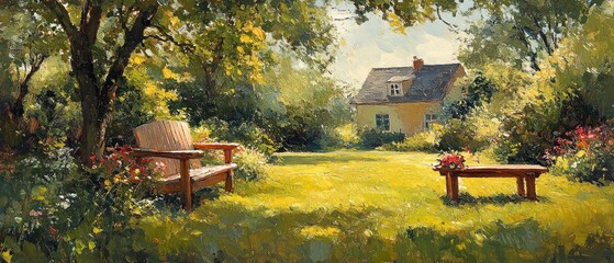 Obraz premium Sunlit Garden with Two Benches and a Small Cottage