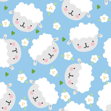 Cute hand drawn sheep on a blue pastel background with ahite flowers and green kawaii hearts	
