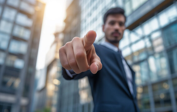 Businessman pointing finger at the camera with a blurred office building background, close-up of hand and suit in front view