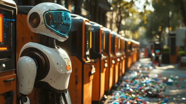 Futuristic AI-controlled recycling robots sorting materials in public places: Autonomous robots scanning and sorting waste into appropriate recycling categories in real-time.