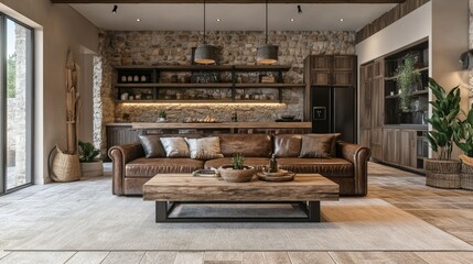 A rustic living room with a wooden coffee table, leather sofa, and a stone accent wall, creating a warm and inviting atmosphere.