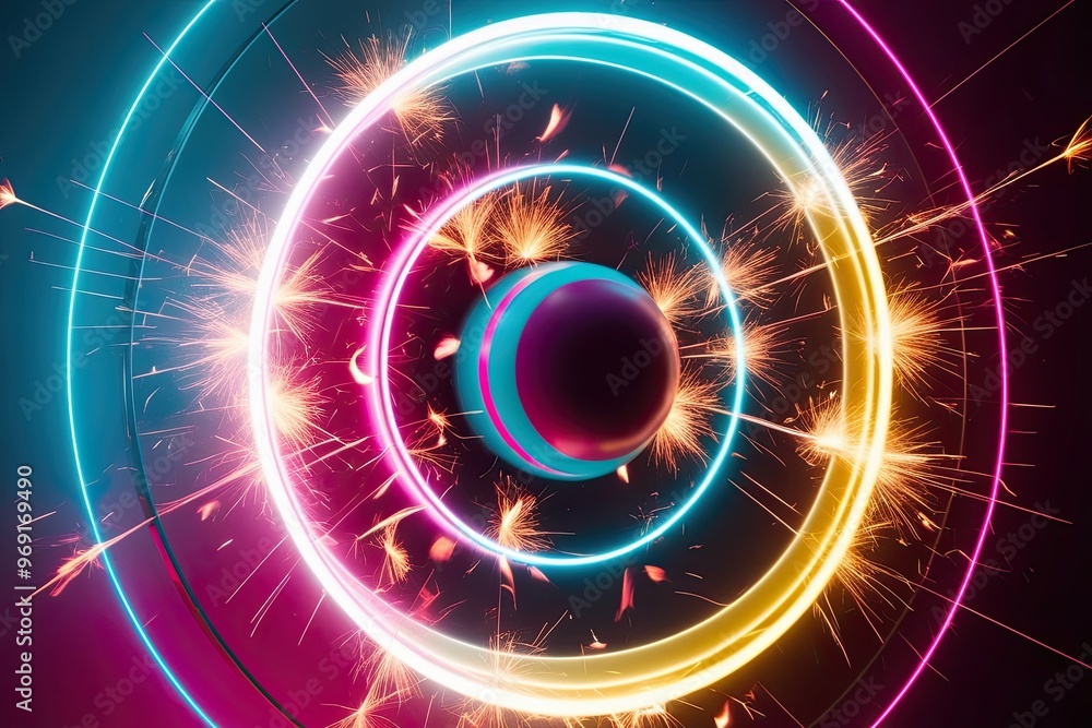 Poster dynamic abstract visualization of a pulsating spherical light wheel with fiery sparks in fuchsia tur