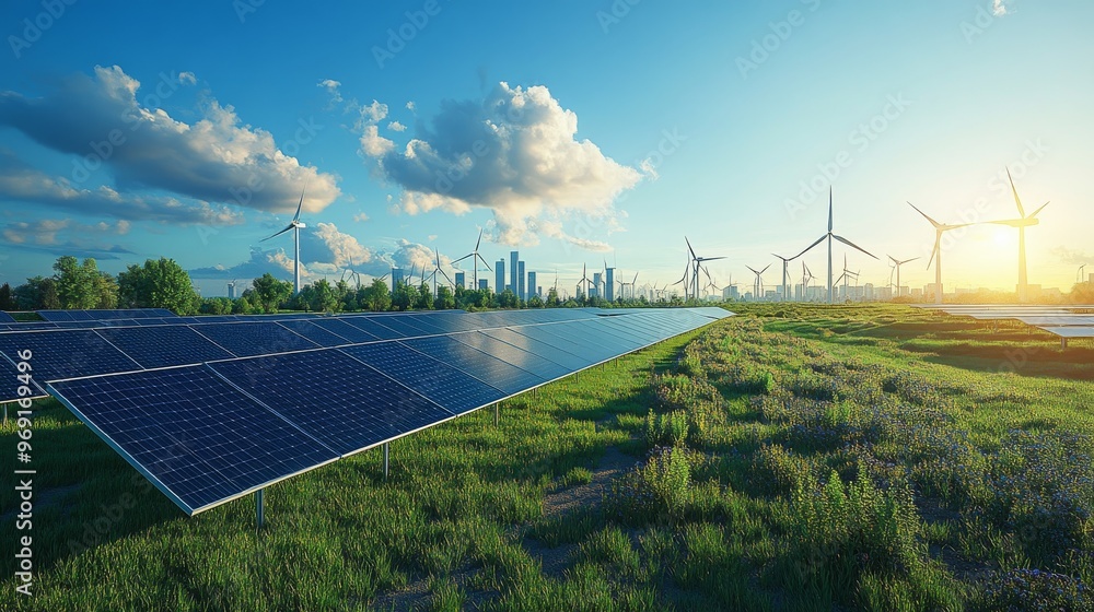 Wall mural futuristic ai-controlled renewable energy grids distributing solar and wind power: a clean-energy ci