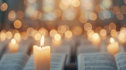 Warm candle light illuminating hymn books in church during evening service