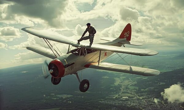 Man on a Plane: A Stuntman Perched on the Wing of a Vintage Biplane