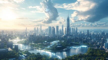 Futuristic smart cities powered by renewable energy with real-time AI monitoring: A clean, eco-friendly city where AI oversees energy usage and sustainability.