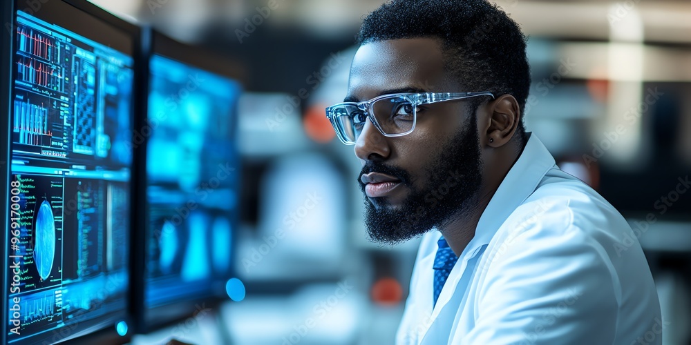Poster a man in a lab coat and glasses looking intently at a computer screen filled with data.
