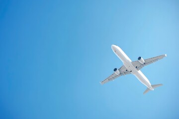 Obraz premium Airplane flying in the sky - travel background with flying airplane with blank livery with generative ai