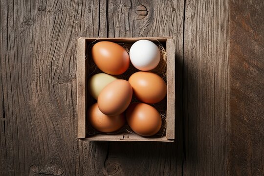 Artisan Crate Featuring Five Pasture Raised Eggs on Rustic Wooden Background Showcasing Organic Farming Commitment