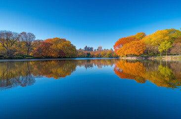 Fototapeta premium A panoramic view of the calm lake in Central Park, with trees on one side and buildings reflecting off its surface under a clear blue sky during autumn