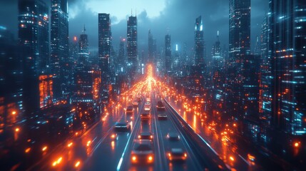 Fototapeta premium Futuristic smart cities with AI traffic management systems: A city where all transportation is seamlessly coordinated by AI.