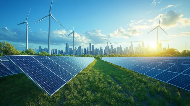 Sustainable concept of solar panels renewing clean-energy to reduce environmental impact.