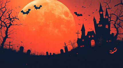 Spooky halloween scene featuring jack-o'-lantern pumpkins, bats, a haunting cemetery, and a dark castle under a large orange full moon, perfect for festive flyers, posters, or banners