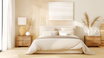 Modern bedroom interior design featuring neutral colors and minimal decor with natural elements and cozy atmosphere