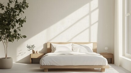 A serene minimalist bedroom featuring a low-profile bed with crisp white linens, a simple wooden nightstand, and neutral decor.