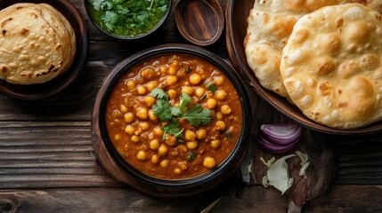 A serving of fragrant chole bhature, with spicy chickpea curry and fluffy, deep-fried bread, arranged on a rustic table.
