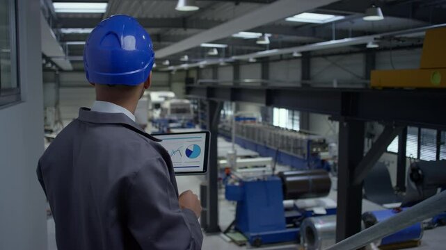 African American man with a blue helmet in a factory unit, an engineer looking at graphs on a tablet checking an automatization process, side view.