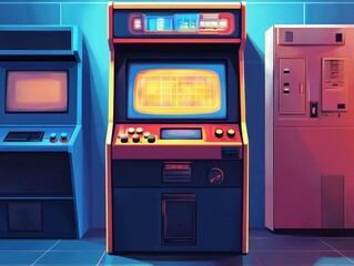 Three retro arcade game cabinets in a dimly lit room.