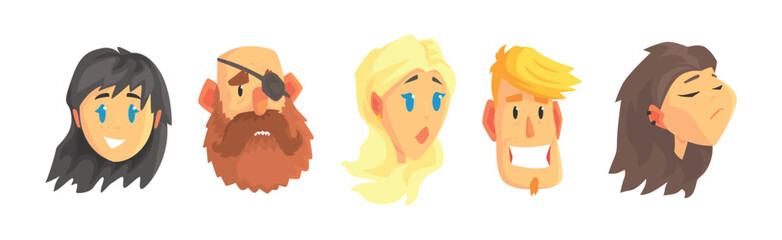 People Character Avatar and Head with Different Face and Hairstyle Vector Set