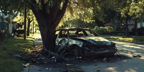A wrecked car sits under a tree on a residential