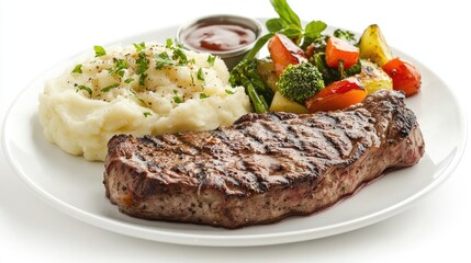 A sizzling steak with a side of garlic mashed potatoes and saut vegetables, elegantly arranged on a pristine white background.
