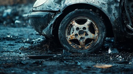 Damaged Car Wheel in Debris