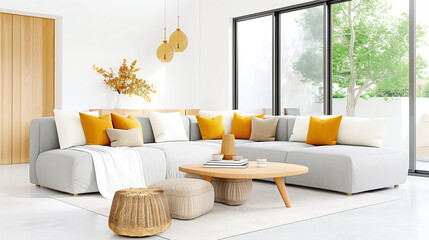 Modern living room furniture with cozy decor in bright interior design featuring stylish sofa and wooden coffee table