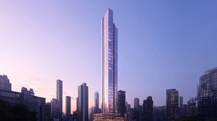 Naklejka premium A sleek, contemporary image of a tall, iconic building against a backdrop of other high-rises, highlighting its unique architectural design and prominence.