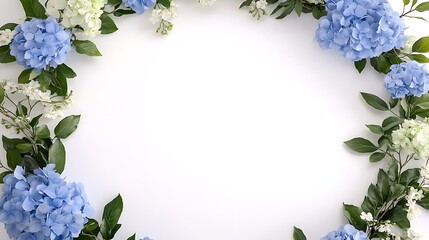 Elegant Circular Floral Wreath of Blue Hydrangeas and Greenery Isolated on a Bright Background, Perfect for Invitations, Announcements, or Event Posters