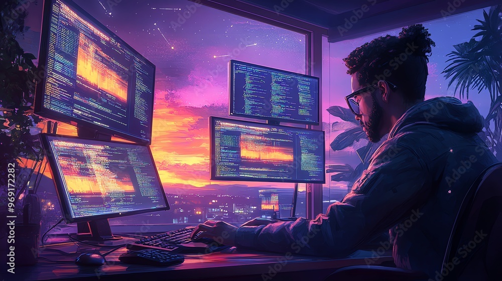 Aufkleber a man sits at a desk in front of multiple monitors displaying code, looking out a window at a city s
