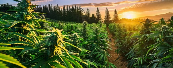 Sunrise Over a Cannabis Field, Close-Up View, Green and Gold Tones, Nature, Marijuana, Plant, Growth