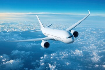 Fototapeta premium Airplane flying in the sky - travel background with flying airplane with blank livery with generative ai