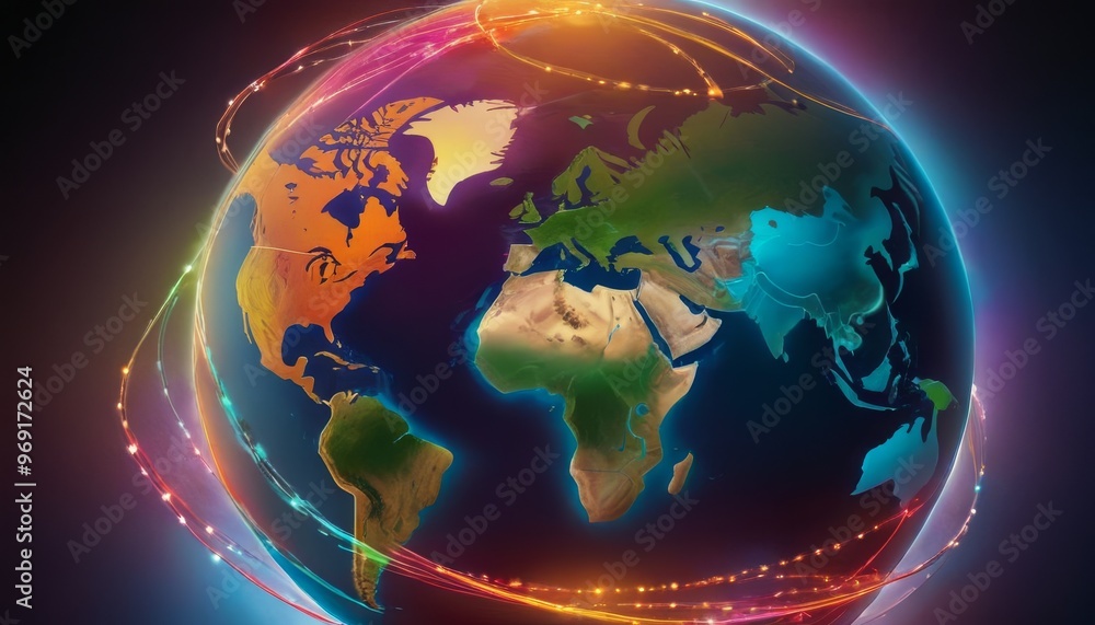 Poster a glowing digital representation of the world map with colorful lines representing data connections.