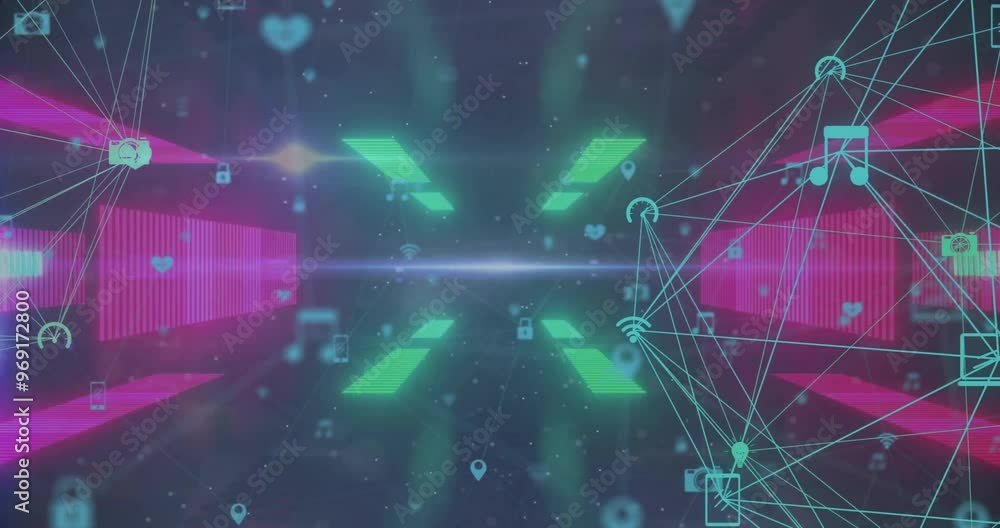 Poster animation of globe with connections and icons over neon pattern background