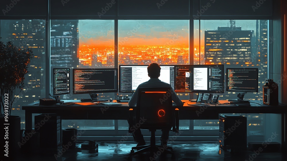 Poster a man sits in front of three computer monitors with glowing code while overlooking a city skyline at