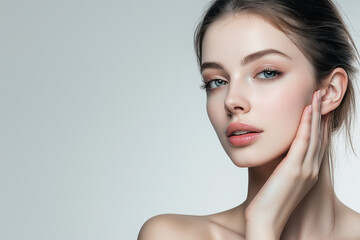 Fototapeta premium A beautiful woman with clean, fresh skin touching her face. This is a beauty concept on a grey background