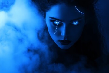 Fototapeta premium Symbolizing mysticism and ethereal beauty, a glowing woman in blue smoke symbolizes acetylcholine melatonin and cognitive function